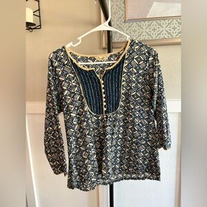 Suti Boho Block Print Cotton Tunic Top Size M Blue & Cream